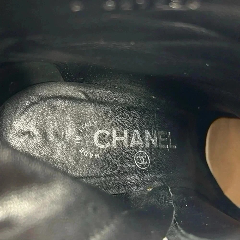 Chanel Glitter Suede CC Cap Toe Ankle Boots Black 40.5 Stiletto Heels - Picture 8 of 15